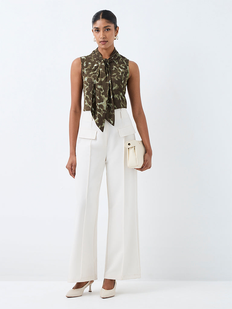 Wardrobe Dark Olive Abstract Printed Scarf-Detail Top