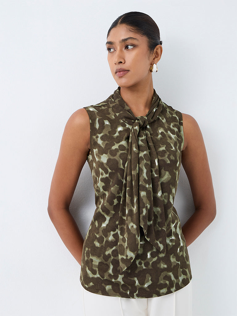 Wardrobe Dark Olive Abstract Printed Scarf-Detail Top