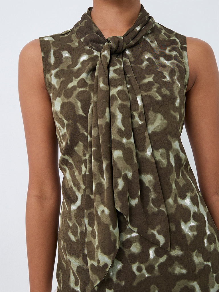 Wardrobe Dark Olive Abstract Printed Scarf-Detail Top