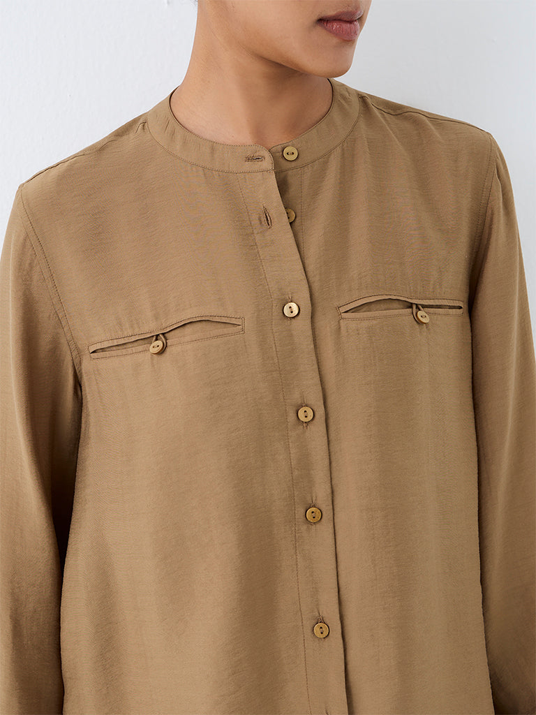 Wardrobe Dark Beige Solid Cotton Blouse