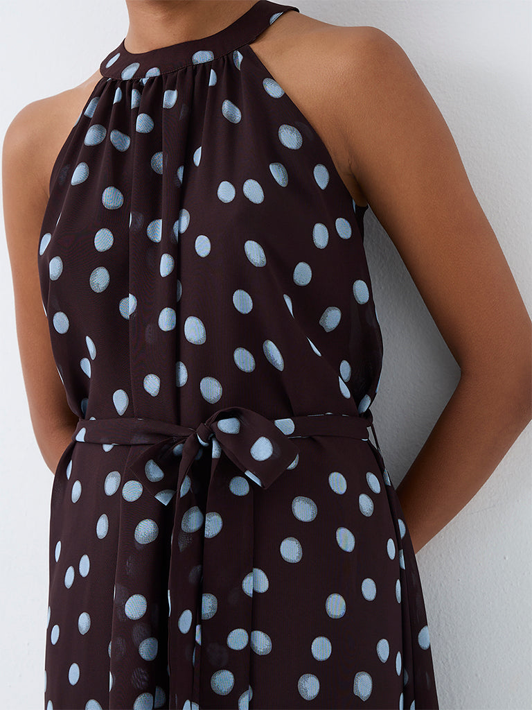 Wardrobe Dark Brown Polka Dot A-Line Dress with Belt