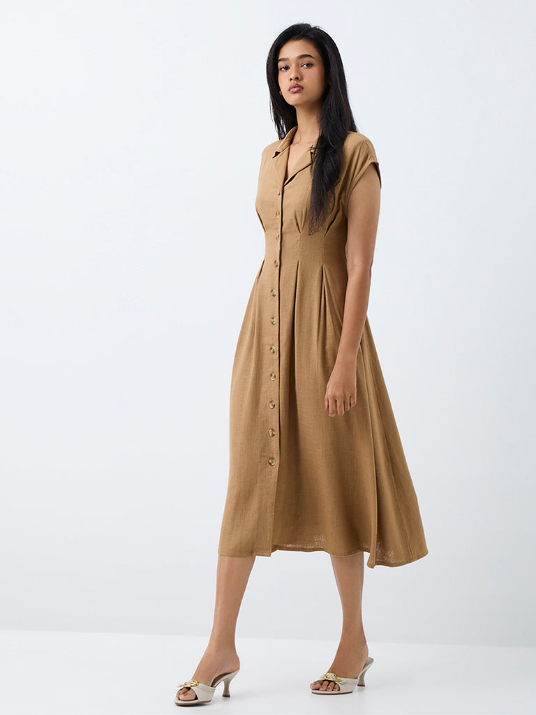 LOV Dark Beige Pleated Midi Shirt Dress.