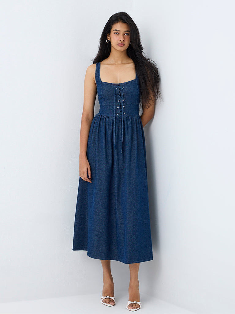 LOV Dark Blue Tie-Up Detail Fit-and-Flare Denim Dress