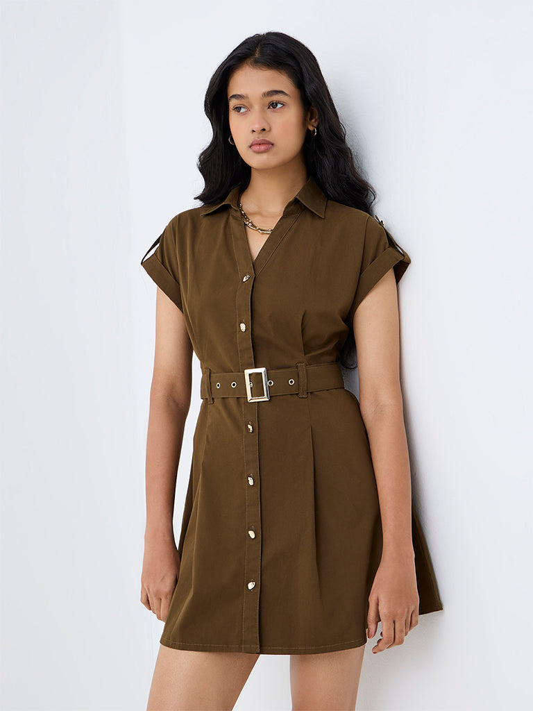 LOV Dark Olive Solid Cotton Shirt Dress with Belt
