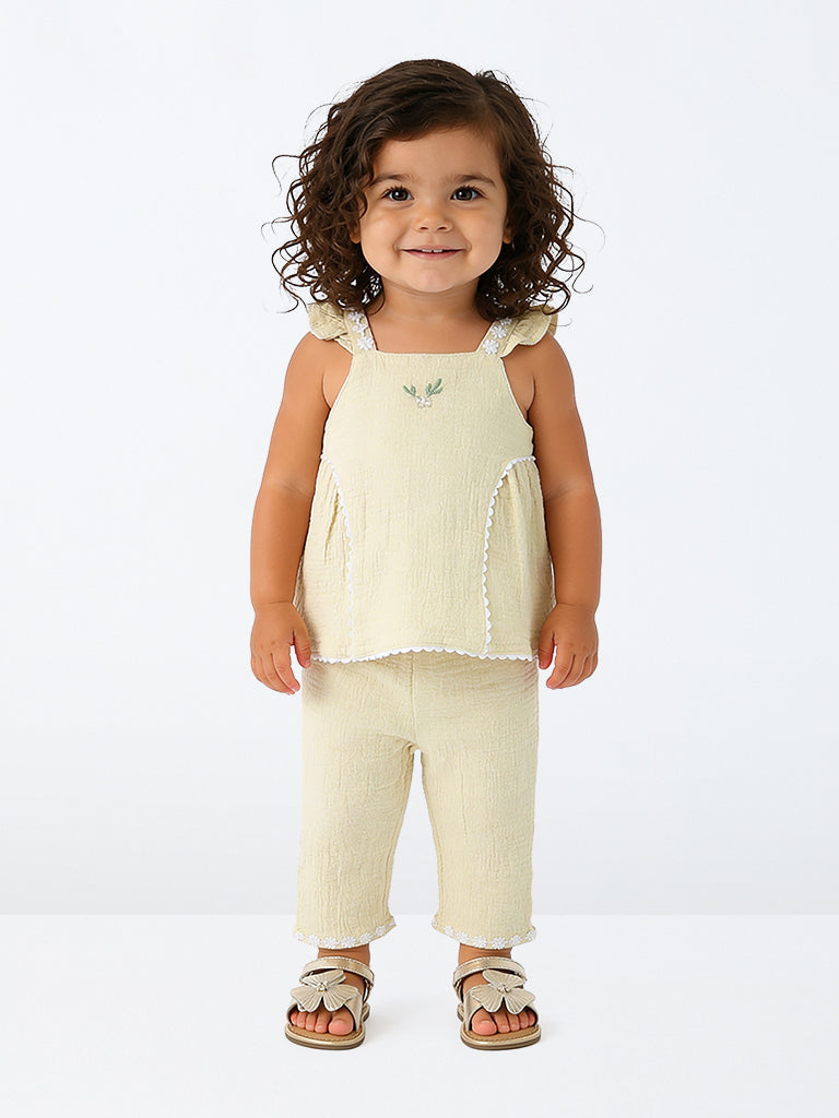 HOP Baby Girls Light Beige Crinkle-Textured Cotton Top and Pant Set
