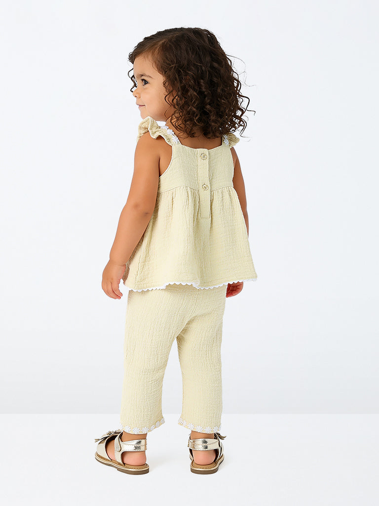 HOP Baby Girls Light Beige Crinkle-Textured Cotton Top and Pant Set