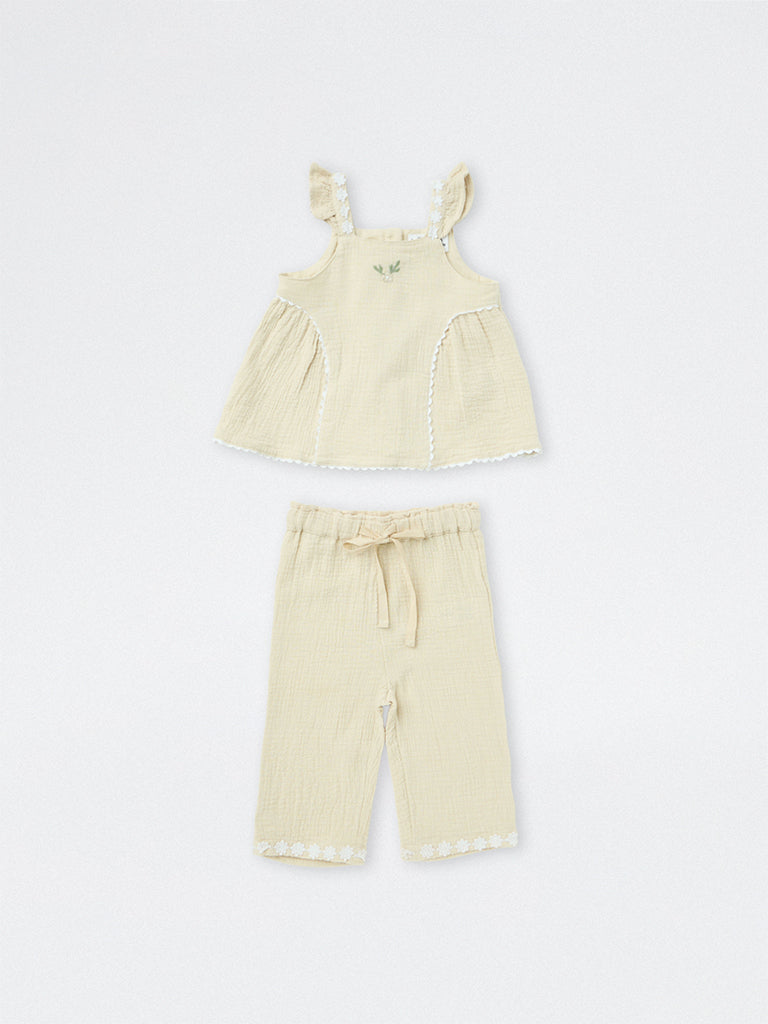 HOP Baby Girls Light Beige Crinkle-Textured Cotton Top and Pant Set