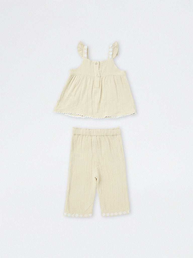 HOP Baby Girls Light Beige Crinkle-Textured Cotton Top and Pant Set