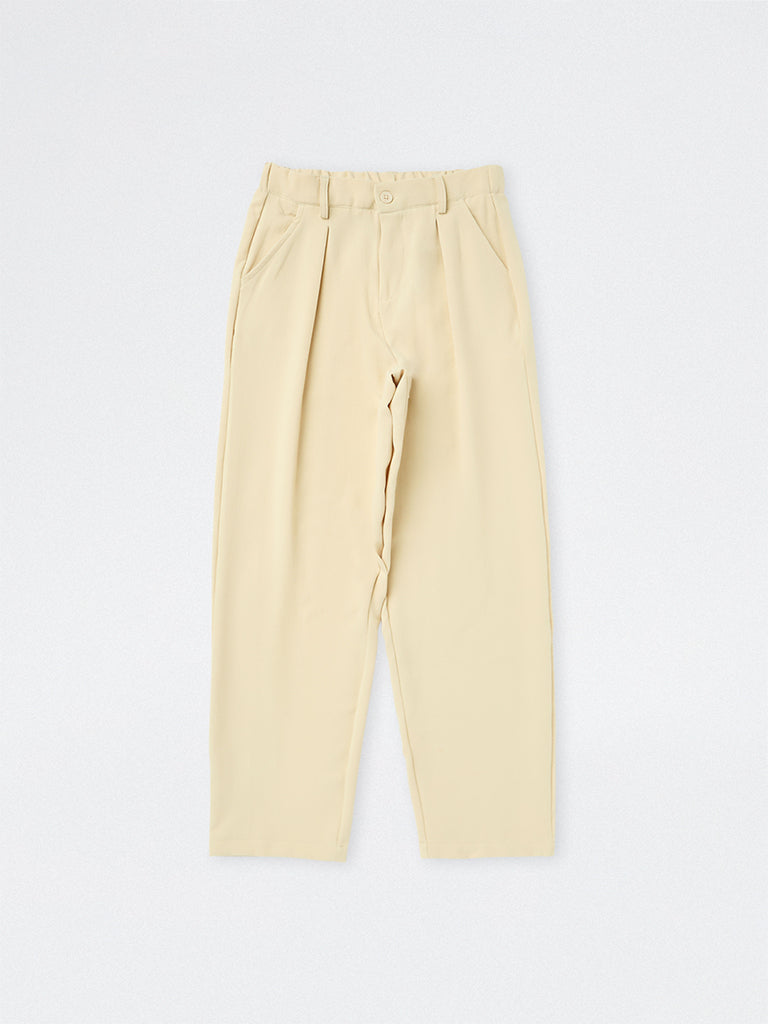 HOP Kids Boys Cream Pleated Mid-Rise Trousers