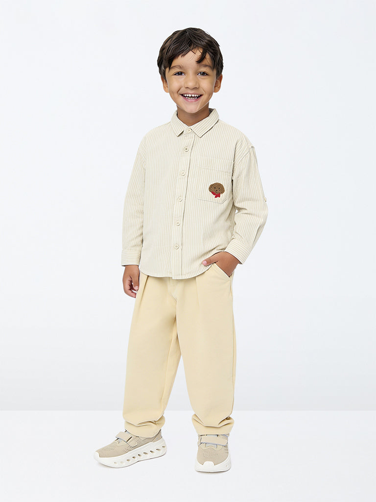 HOP Kids Boys Cream Pleated Mid-Rise Trousers