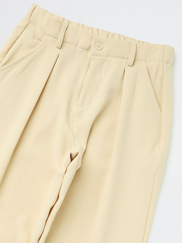 HOP Kids Boys Cream Pleated Mid-Rise Trousers