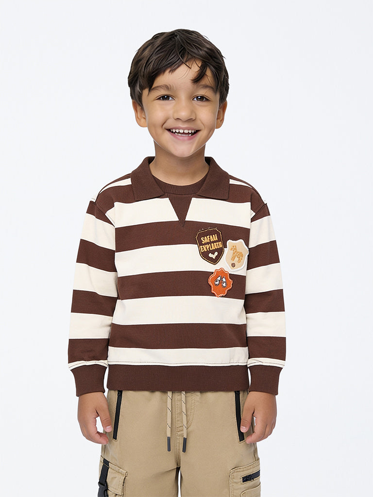 HOP Kids Boys Brown Stripe Pattern Cotton Sweatshirt