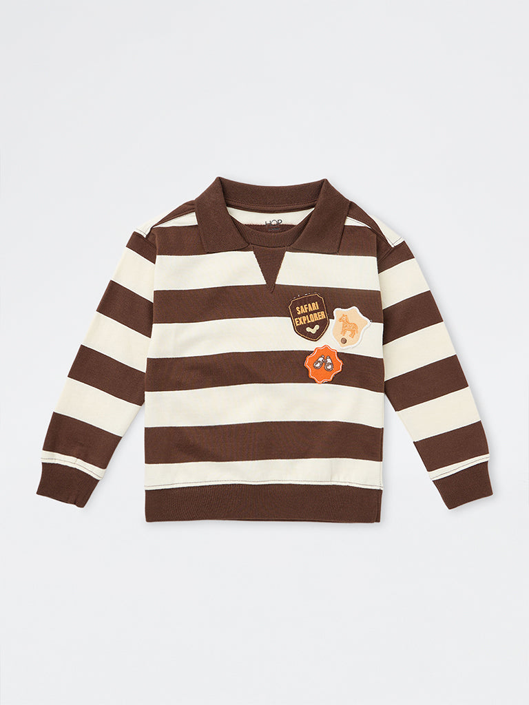 HOP Kids Boys Brown Stripe Pattern Cotton Sweatshirt