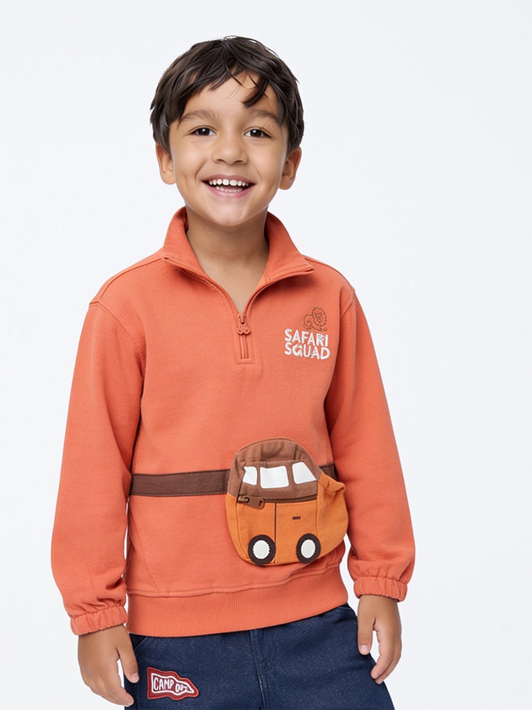 HOP Kids Boys Orange Waist-Bag Style Cotton Sweatshirt