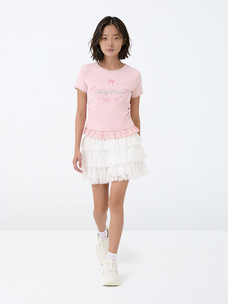 Girls White Lace Detailed Tiered High-Rise Skirt