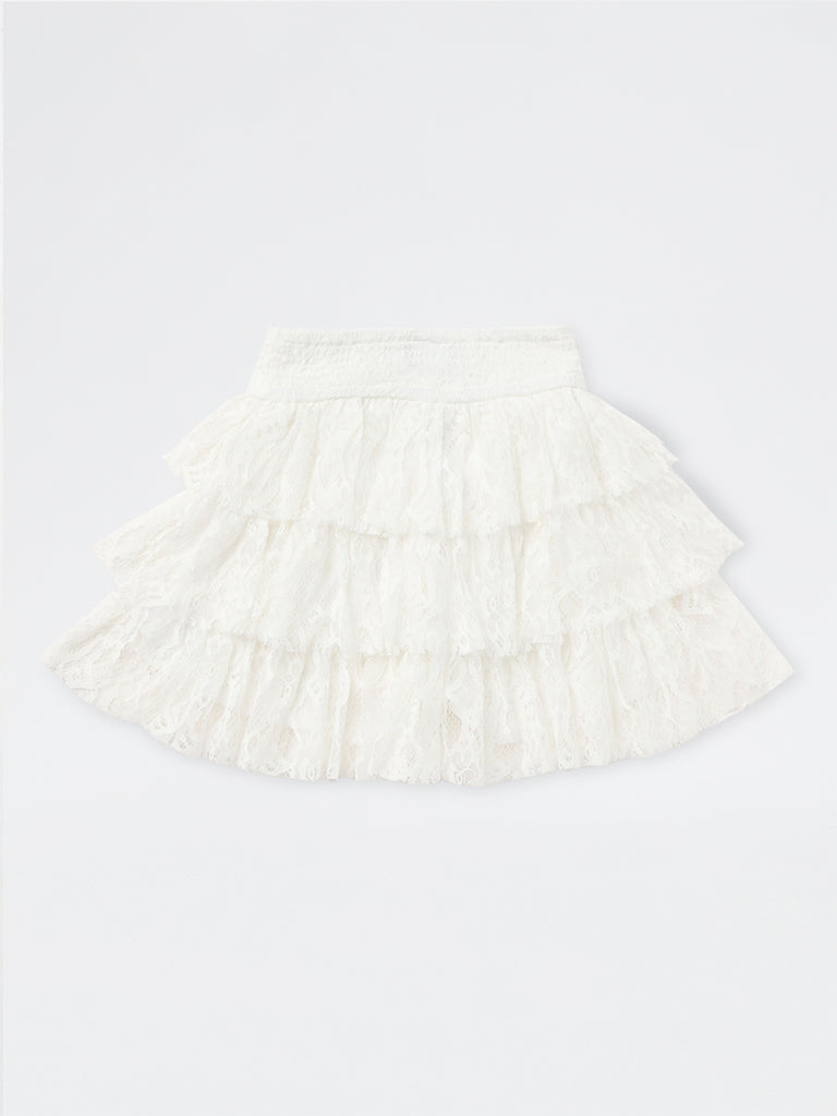 Girls White Lace Detailed Tiered High-Rise Skirt