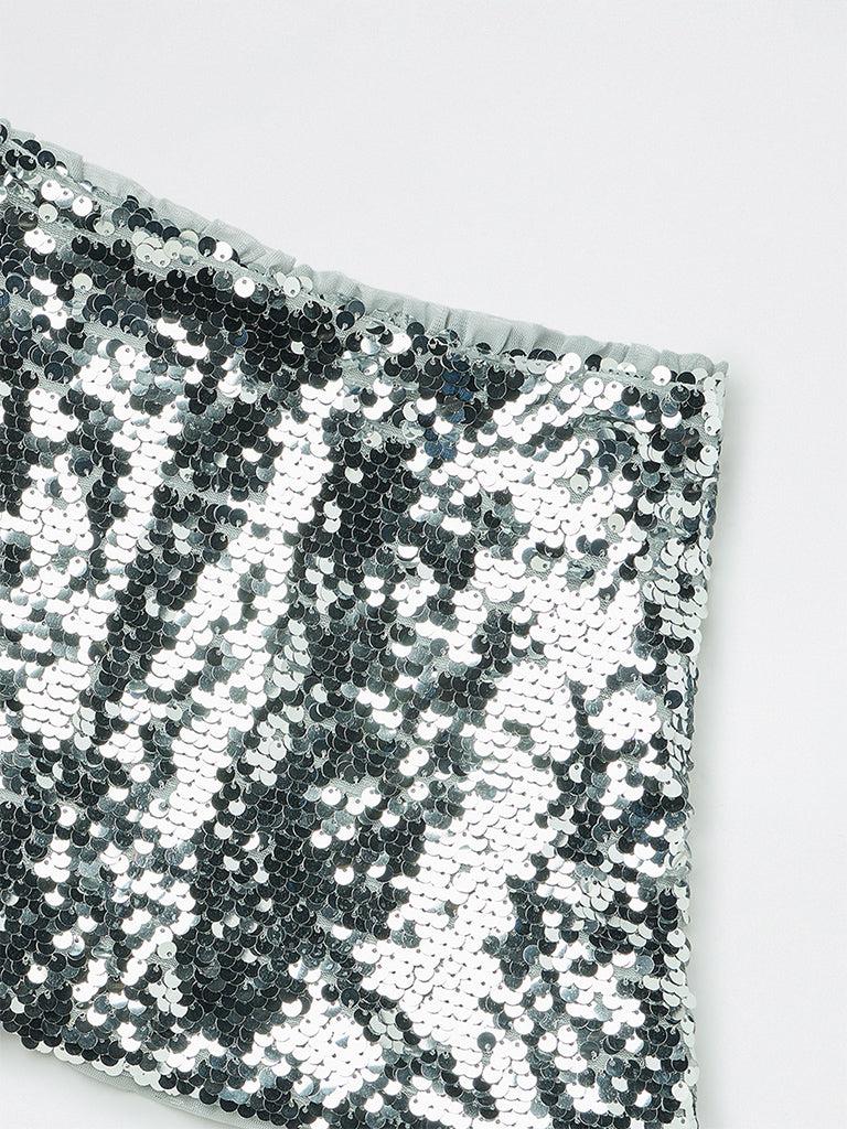 Girls Silver Sequin High-Rise Skirt