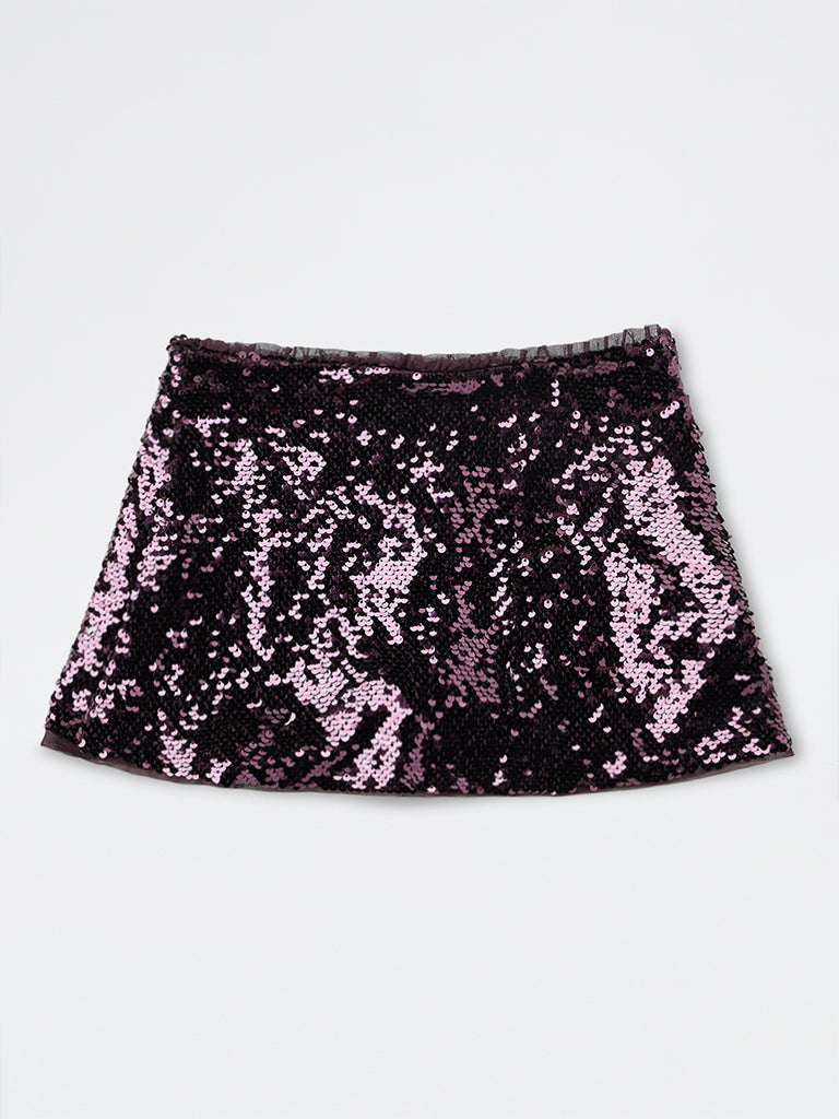 Girls Dark Plum Sequin Embellished High-Rise Skirt