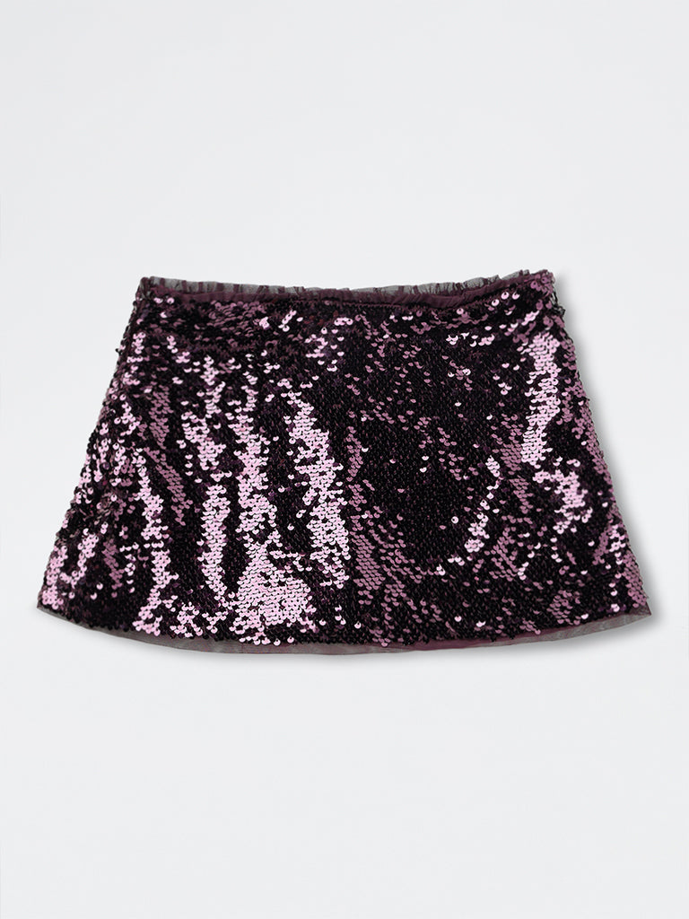 Girls Dark Plum Sequin Embellished High-Rise Skirt