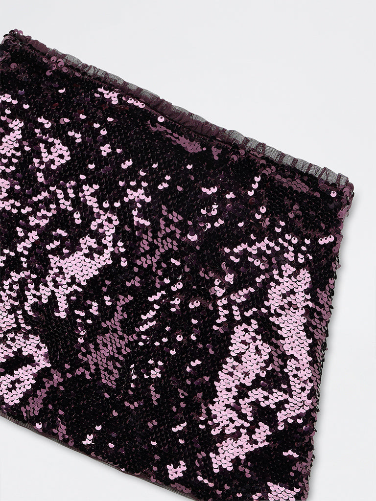Girls Dark Plum Sequin Embellished High-Rise Skirt