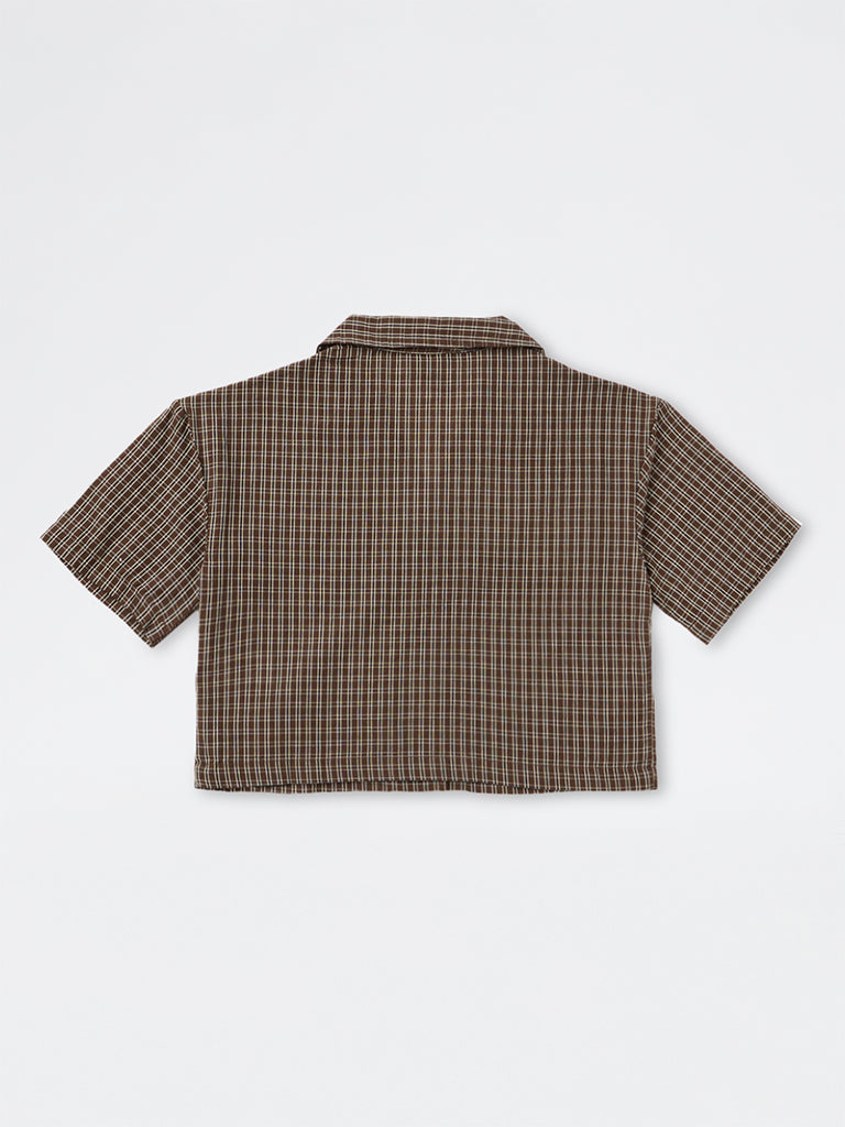 Y&F Kids Girls Brown Checks Pattern Cotton Shirt