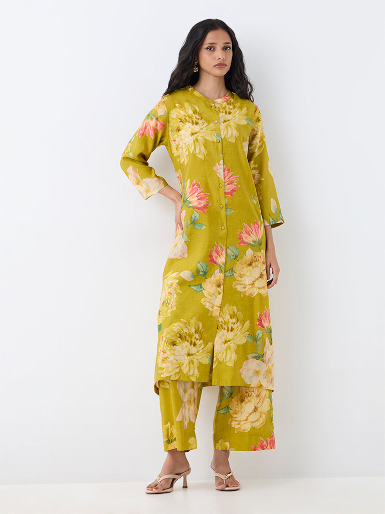Utsa Lime Floral Printed A-Line Kurta