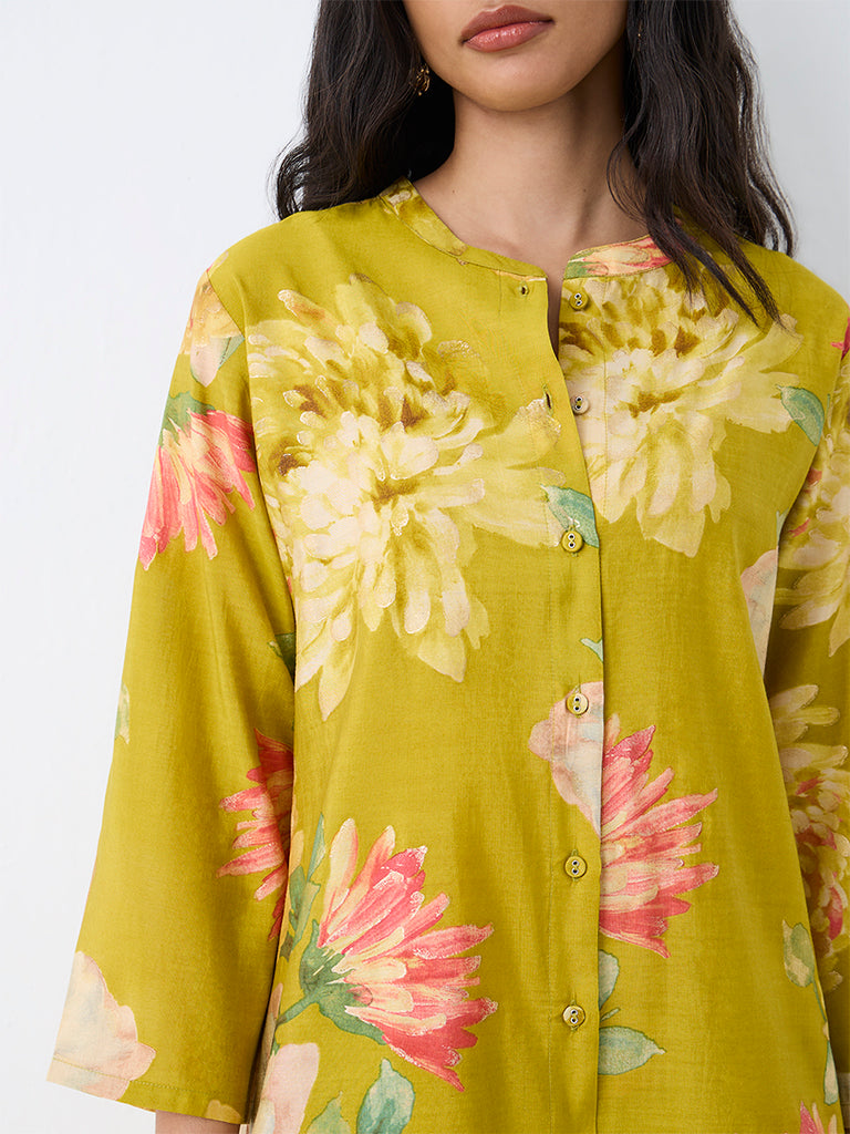 Utsa Lime Floral Printed A-Line Kurta