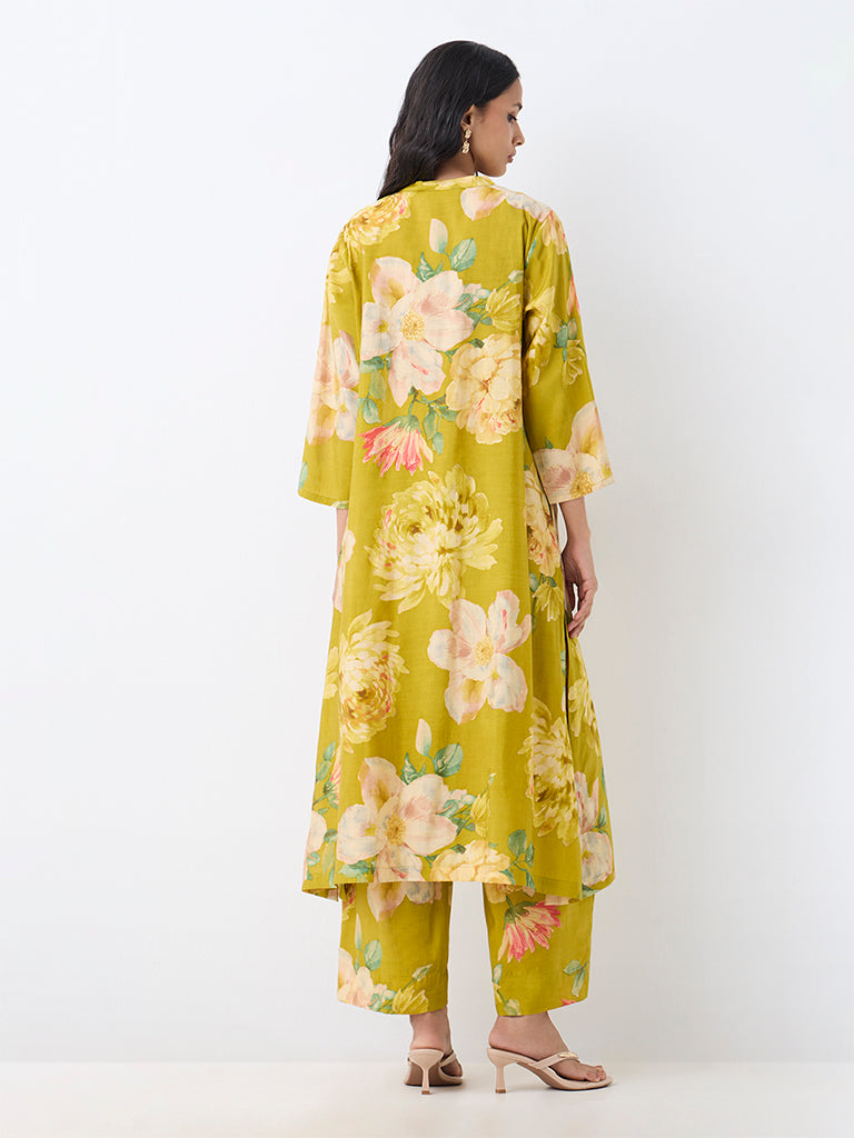 Utsa Lime Floral Printed A-Line Kurta