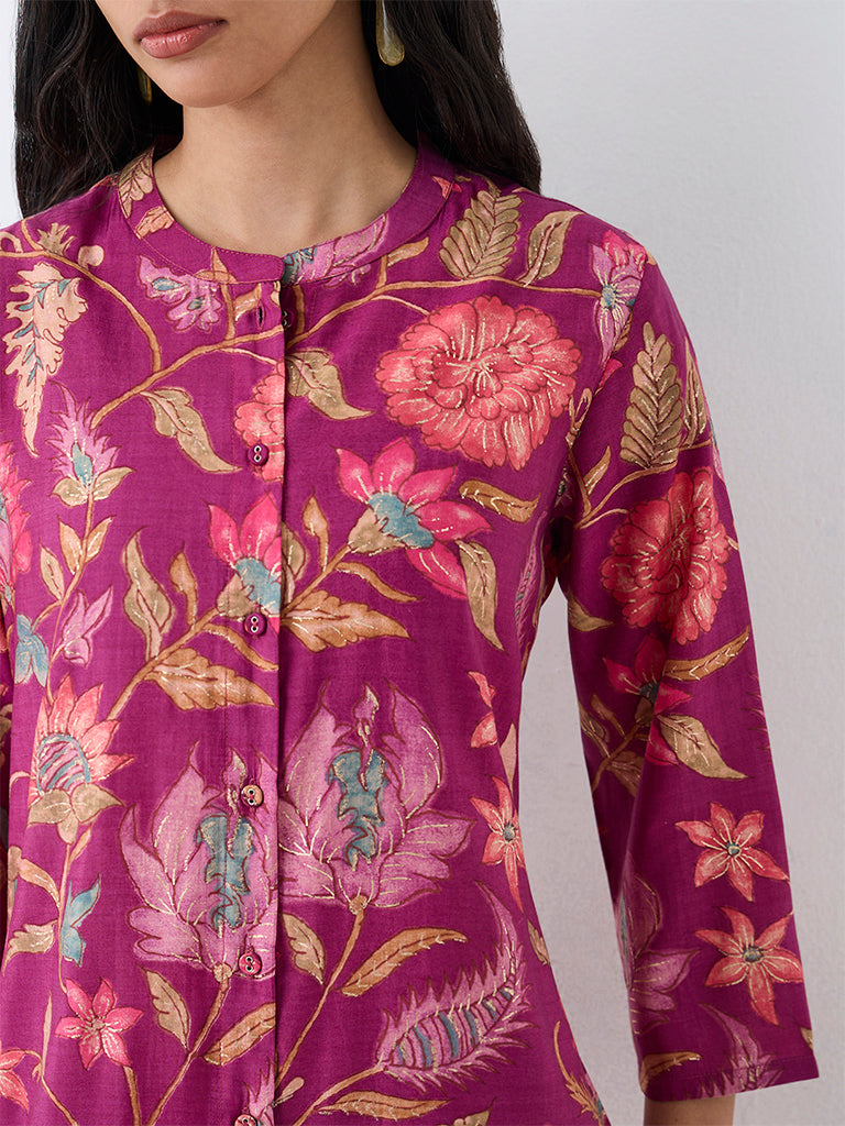 Utsa Magenta Floral Printed A-Line Kurta