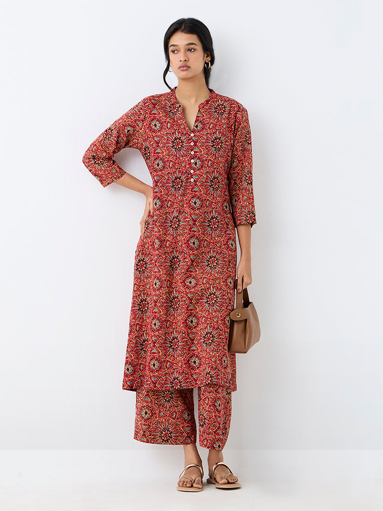 Utsa Red Floral Pattern A-Line Kurta