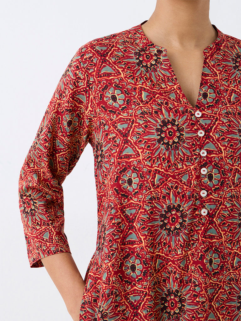 Utsa Red Floral Pattern A-Line Kurta