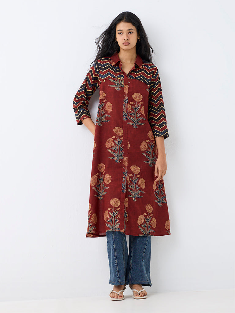 Utsa Dark Rust Floral Printed Cotton A-Line Kurta