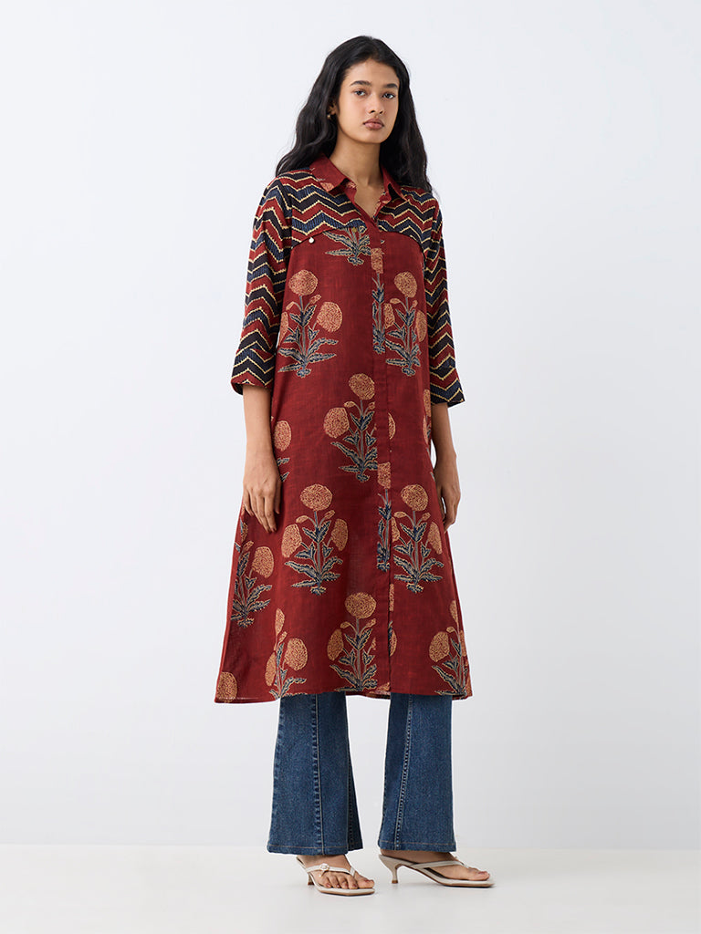 Utsa Dark Rust Floral Printed Cotton A-Line Kurta