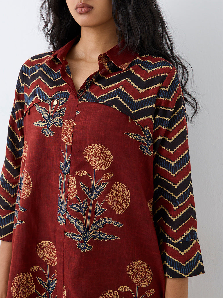 Utsa Dark Rust Floral Printed Cotton A-Line Kurta