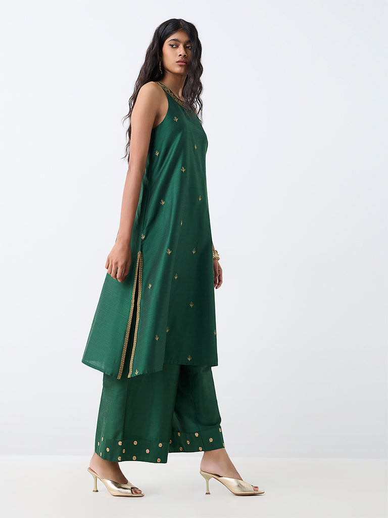 Utsa Dark Green Botanical Embroidered A-Line Kurta