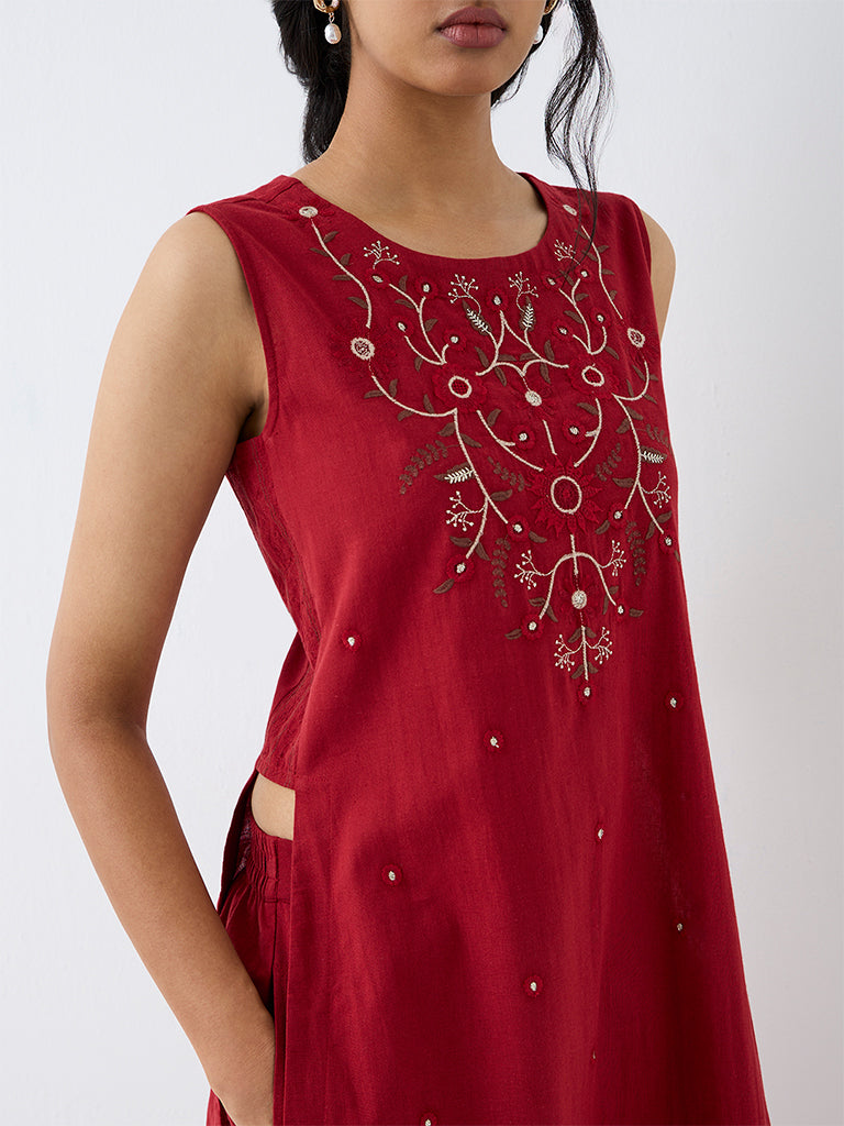 Utsa Red Floral Embroidered A-Line Kurta