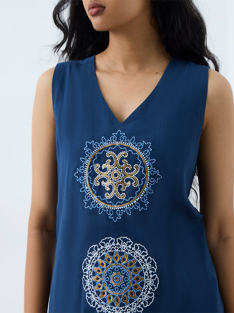 Utsa Indigo Embroidered Cotton-Blend A-Line Kurta
