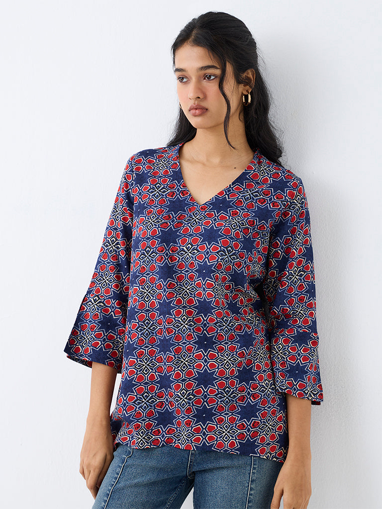 Utsa Dark Blue Printed Cotton-Blend Tunic