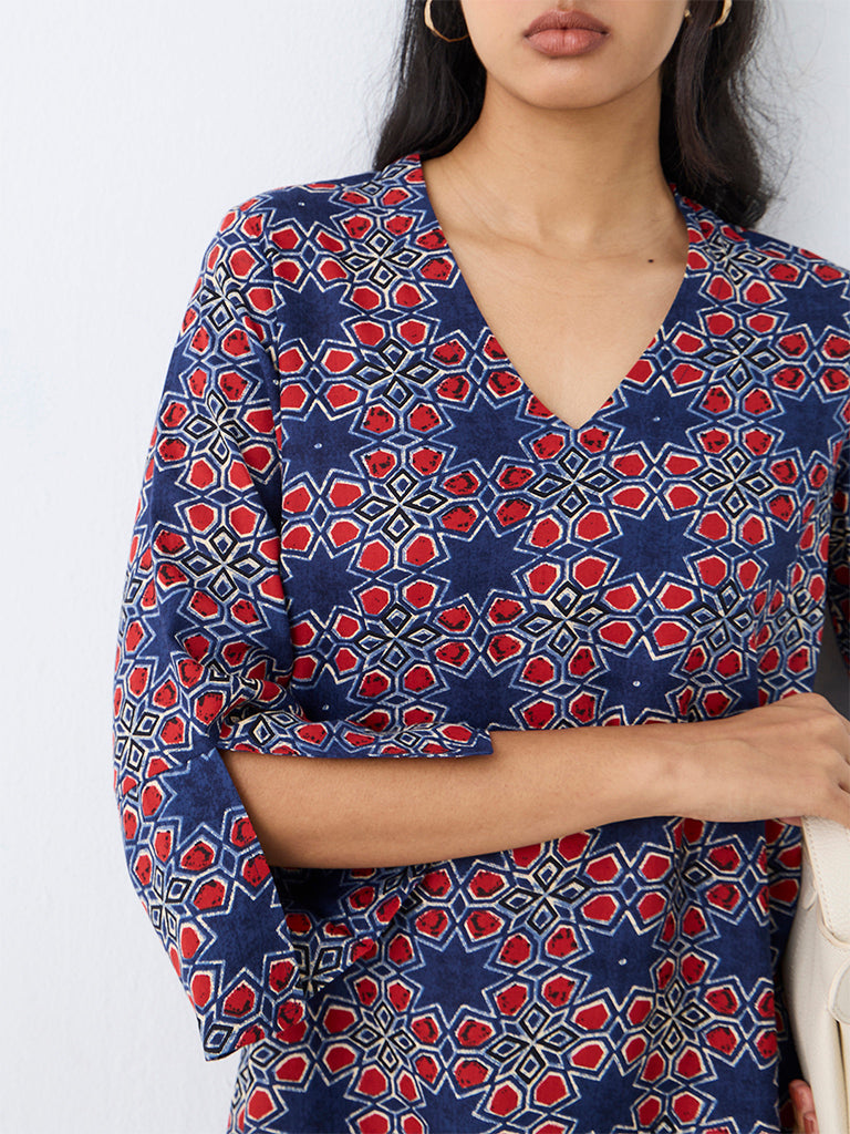 Utsa Dark Blue Printed Cotton-Blend Tunic