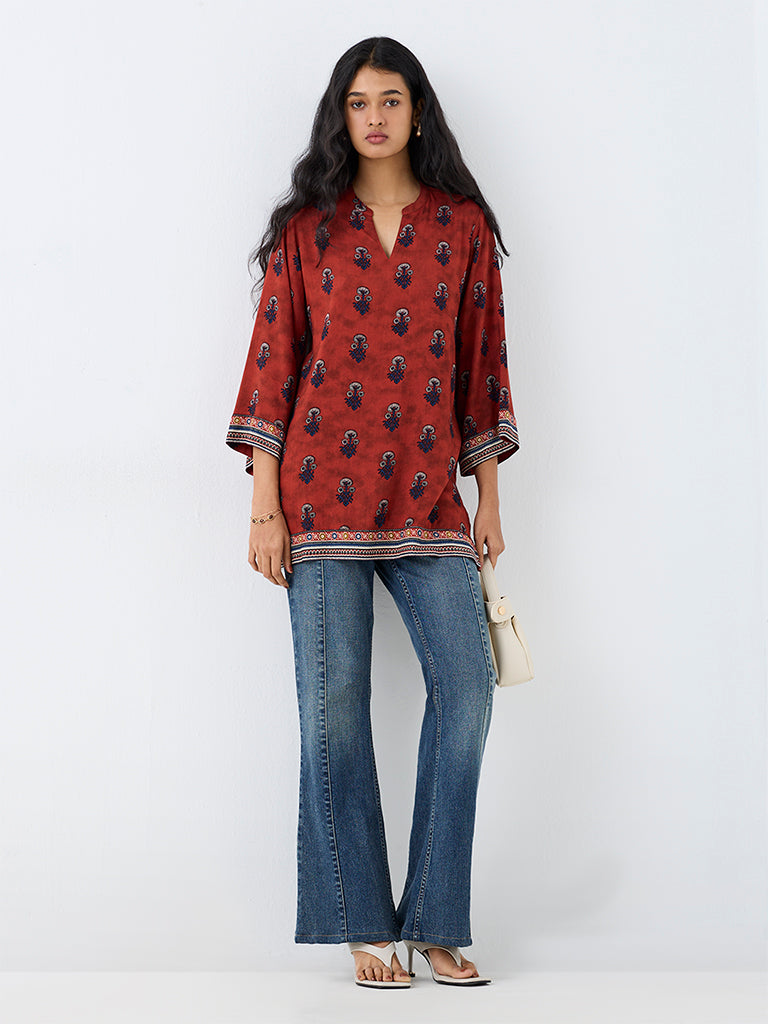 Utsa Red Botanical Printed Cotton-Blend Tunic