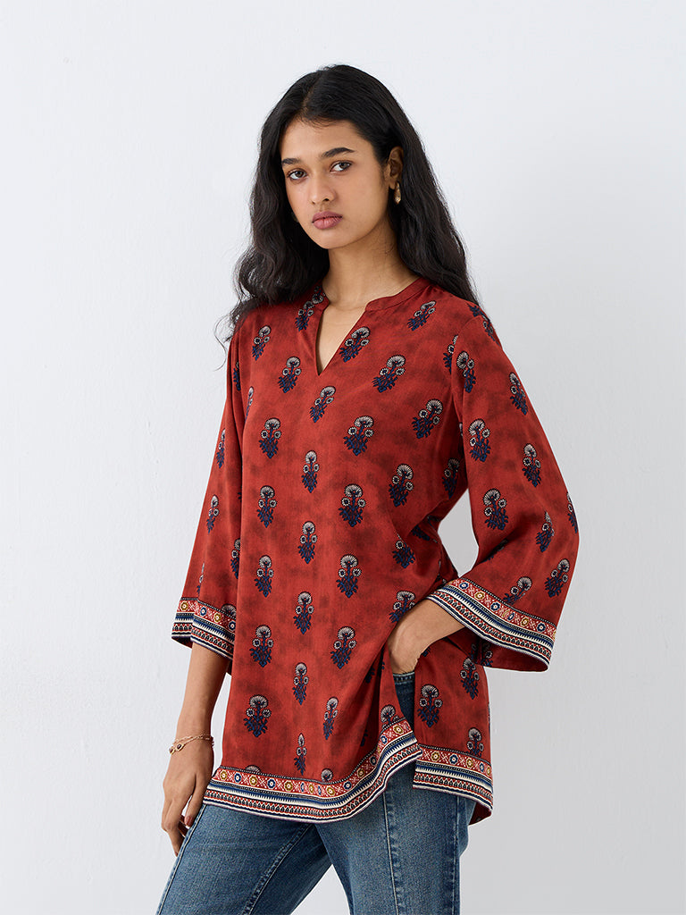Utsa Red Botanical Printed Cotton-Blend Tunic