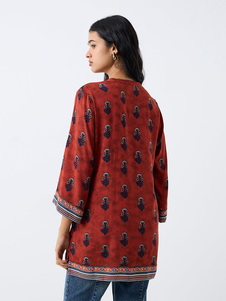 Utsa Red Botanical Printed Cotton-Blend Tunic