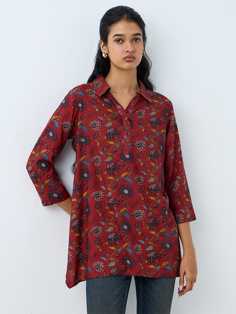 Utsa Maroon Floral Printed Tunic