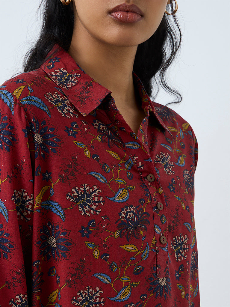 Utsa Maroon Floral Printed Tunic