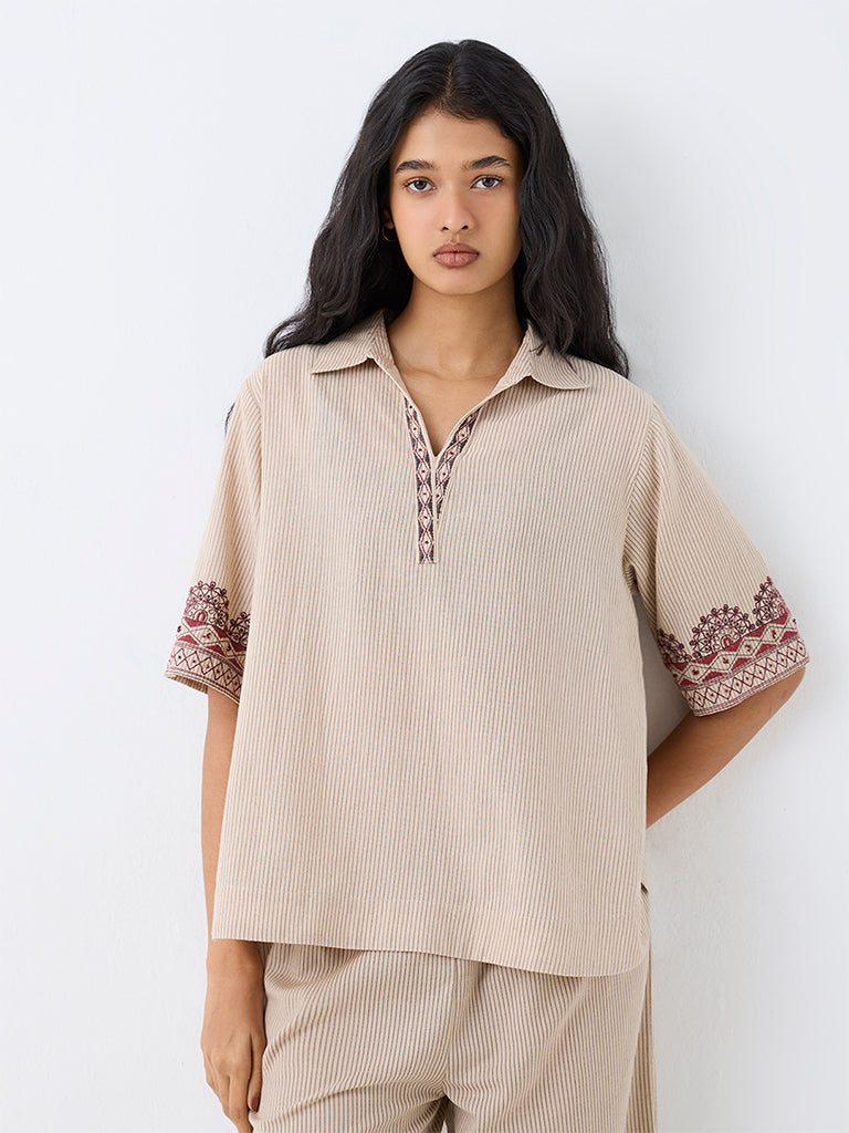Utsa Light Beige Striped Cotton-Blend Tunic