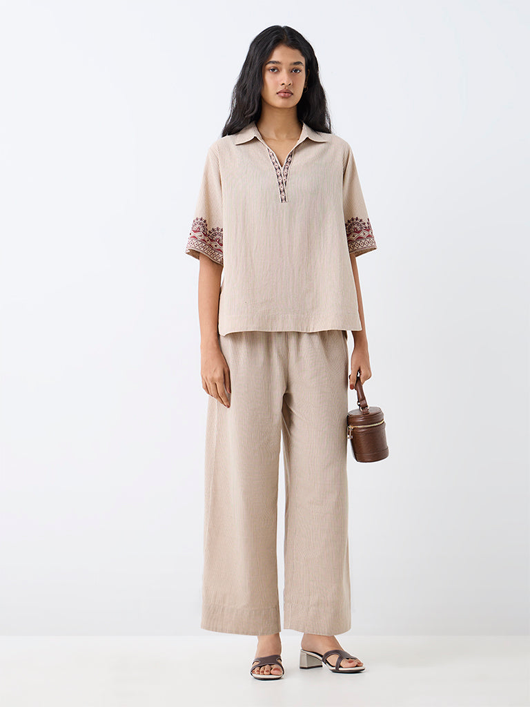 Utsa Light Beige Striped Cotton-Blend Tunic