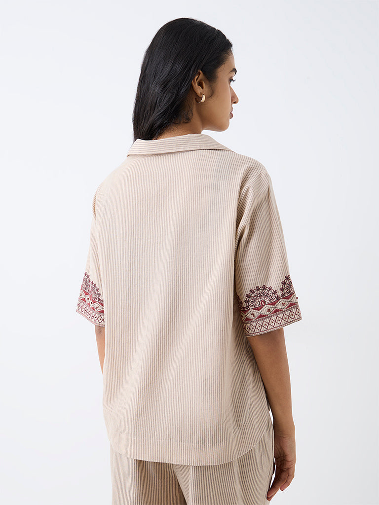 Utsa Light Beige Striped Cotton-Blend Tunic