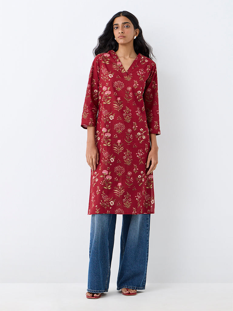 Utsa Red Floral Printed Cotton Straight Kurta