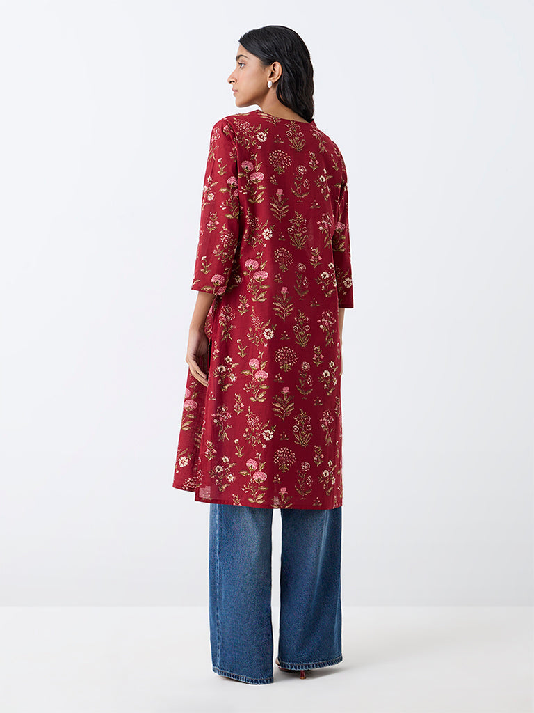 Utsa Red Floral Printed Cotton Straight Kurta