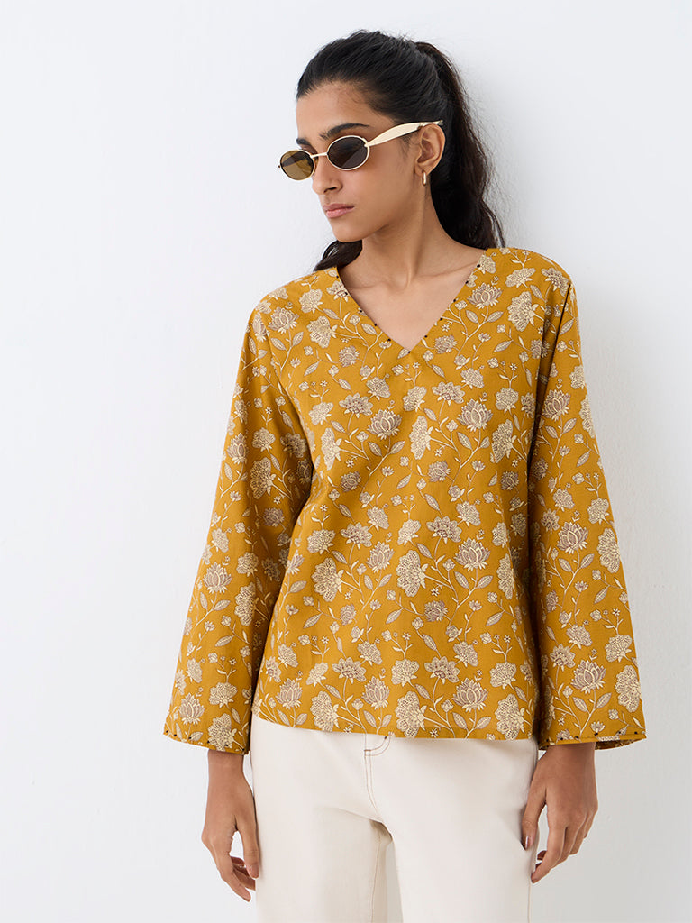 Utsa Mustard Floral Printed Cotton Tunic